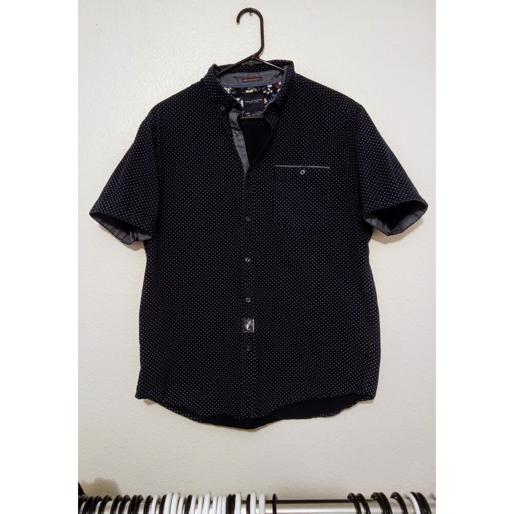 Denim & Flower by Ricky Singh Navy Polka Dot Short Sleeve Button Up Shirt Size L